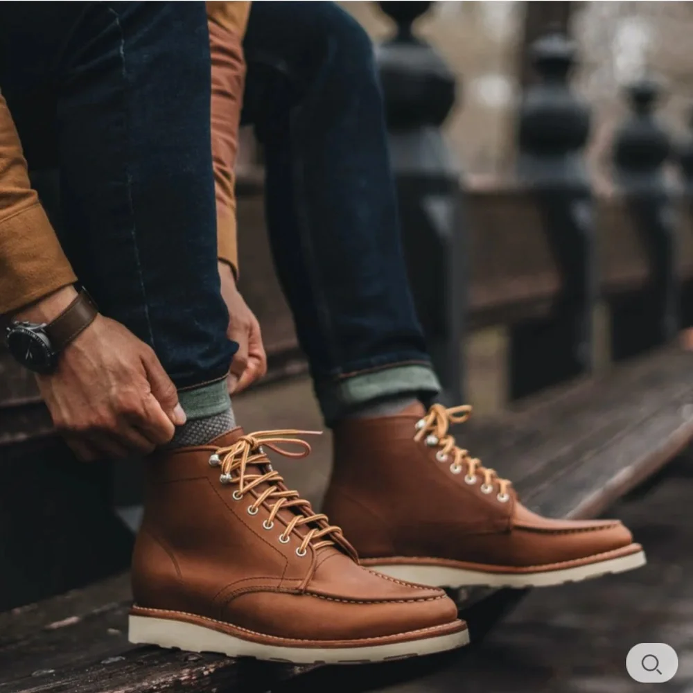 Thursday Boot Company Brown Leather Moc Toe Work Boots with Cream Sole